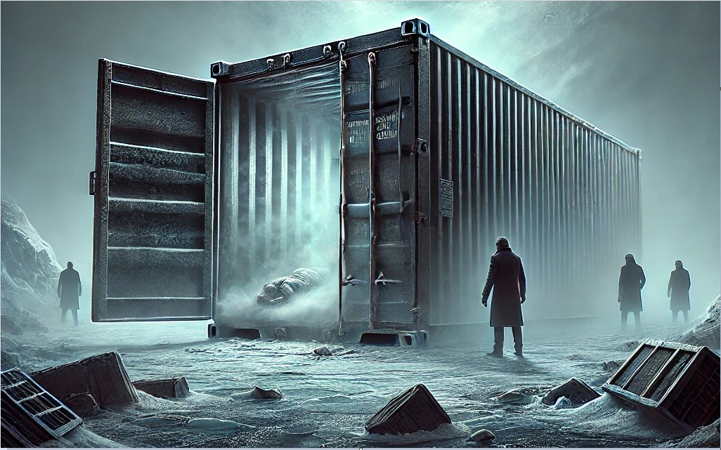 A detective looks into an open cargo container with a frozen body inside as icy air flows out onto a bleak, cold exterior.